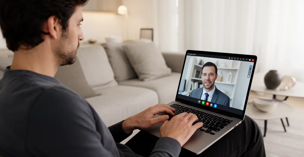 Homme en visioconférence professionnelle sur ordinateur portable dans un salon lumineux