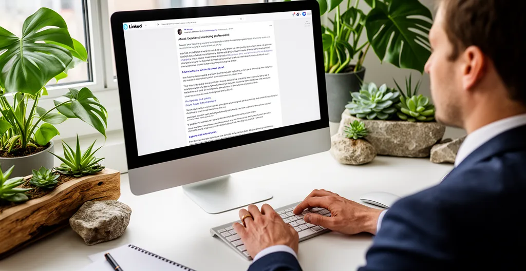 Personne consultant son profil LinkedIn sur écran d'ordinateur dans un bureau à domicile